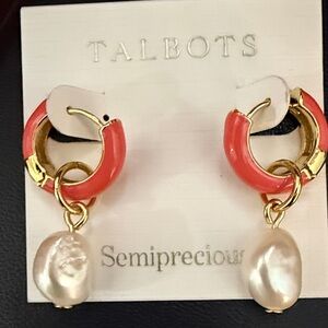 Talbots NWT Semiprecious Gold-Tone Coral Hoop Earrings with Pearl Drops